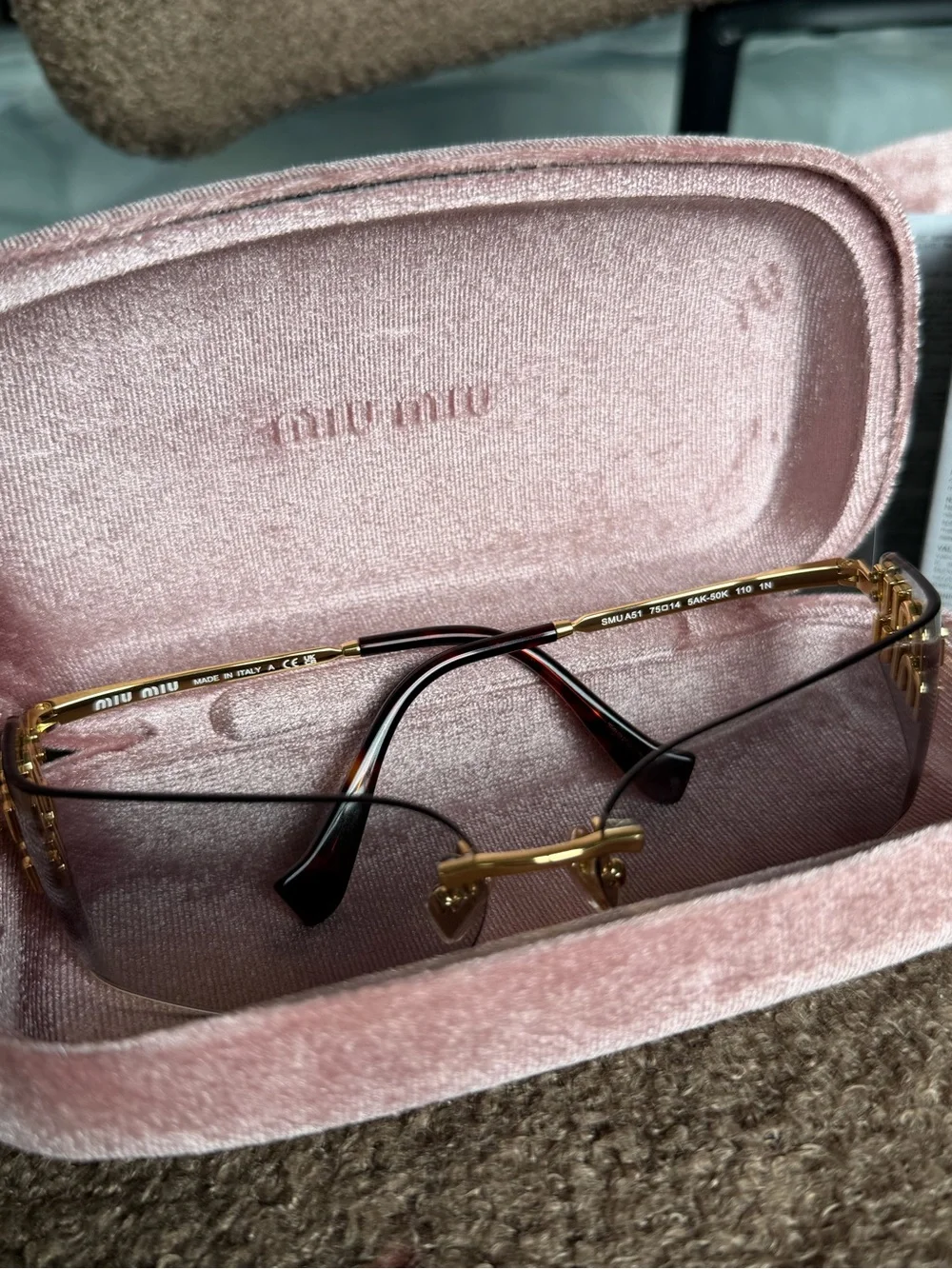 Miu Miu Gold Rim Shield Sunglasses with Pink Velvet Case